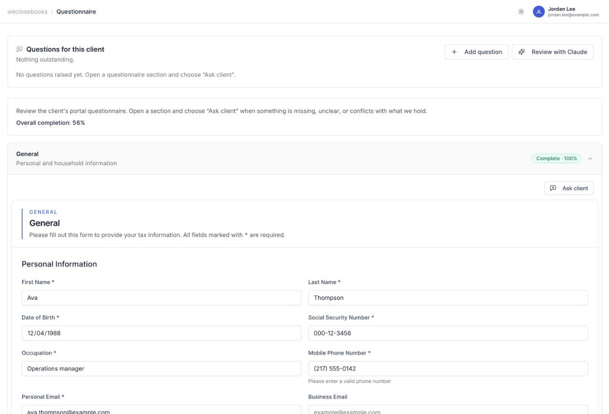 A client's intake questionnaire with section completion and answers